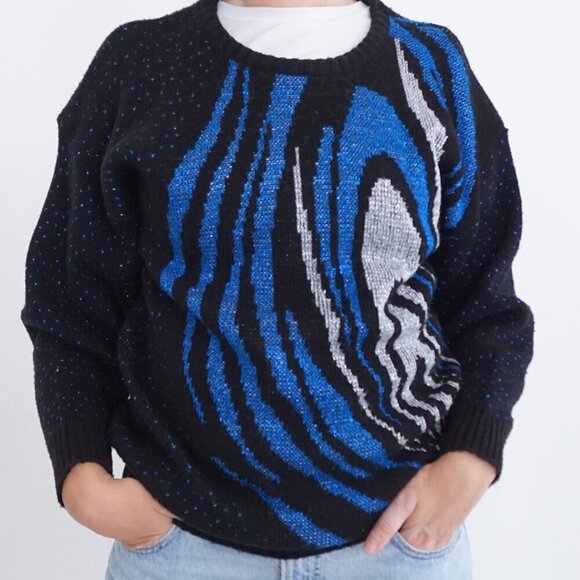 Vintage Ellen-D Kollection Black Blue Silver Knit Shimmer Abstract Sweater S - Picture 2 of 10